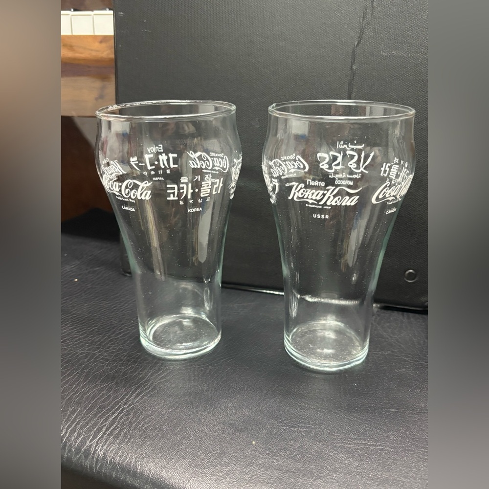 Vintage Coca-Cola Drinking Glasses-Logo in 5 Languages- Set Of 2 EUC 6” - Picture 2 of 2